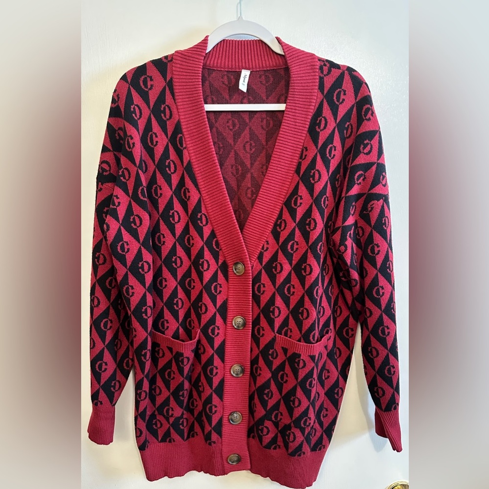 Nleyook Amazon Brand 20W Red and Black Button Cardigan Pockets C Logo Pattern